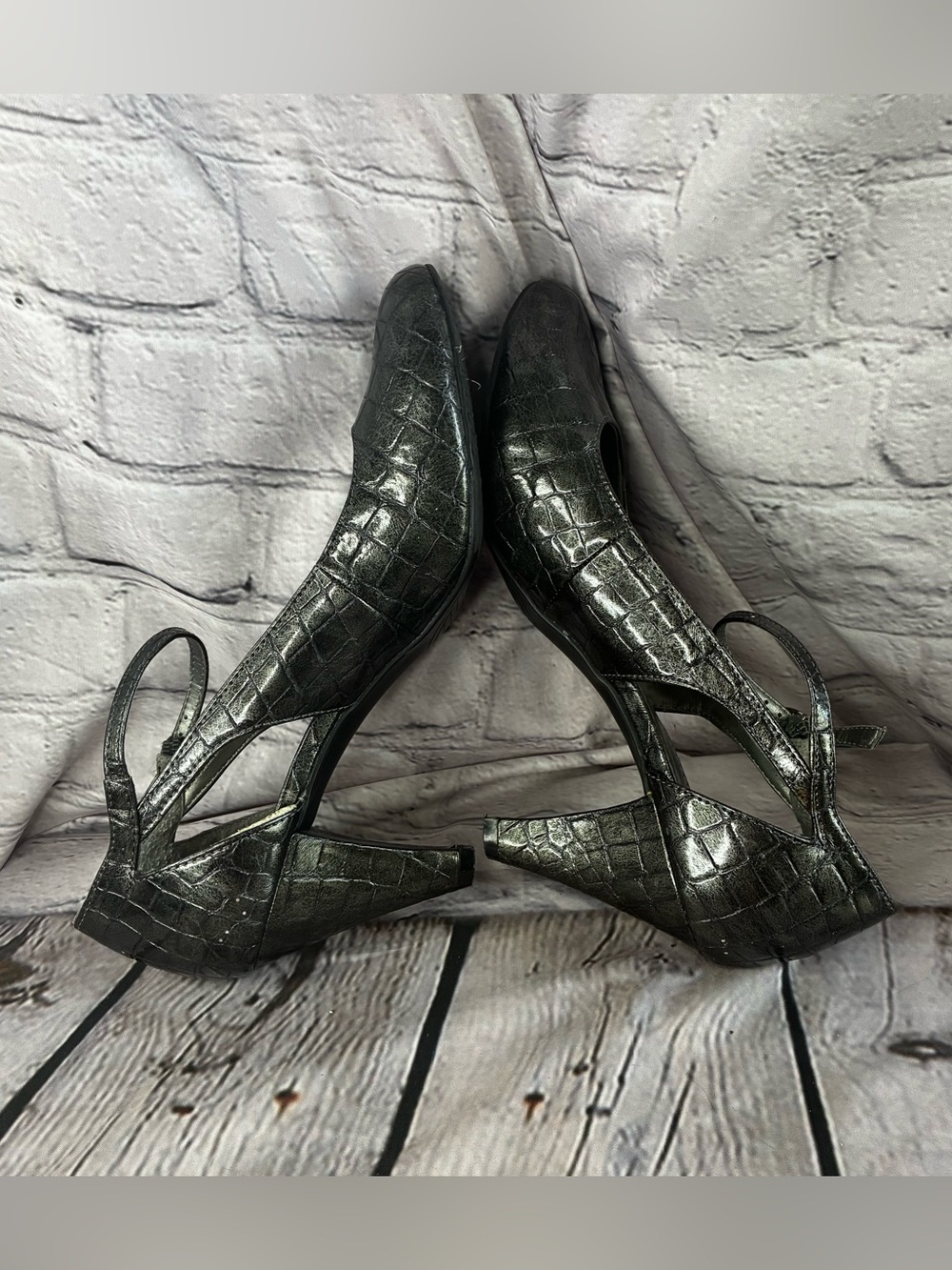 Cybercorp Goth Metal Career Office Siren Pewter Croc Embossed Mary Jane Pumps 10 - Picture 8 of 11